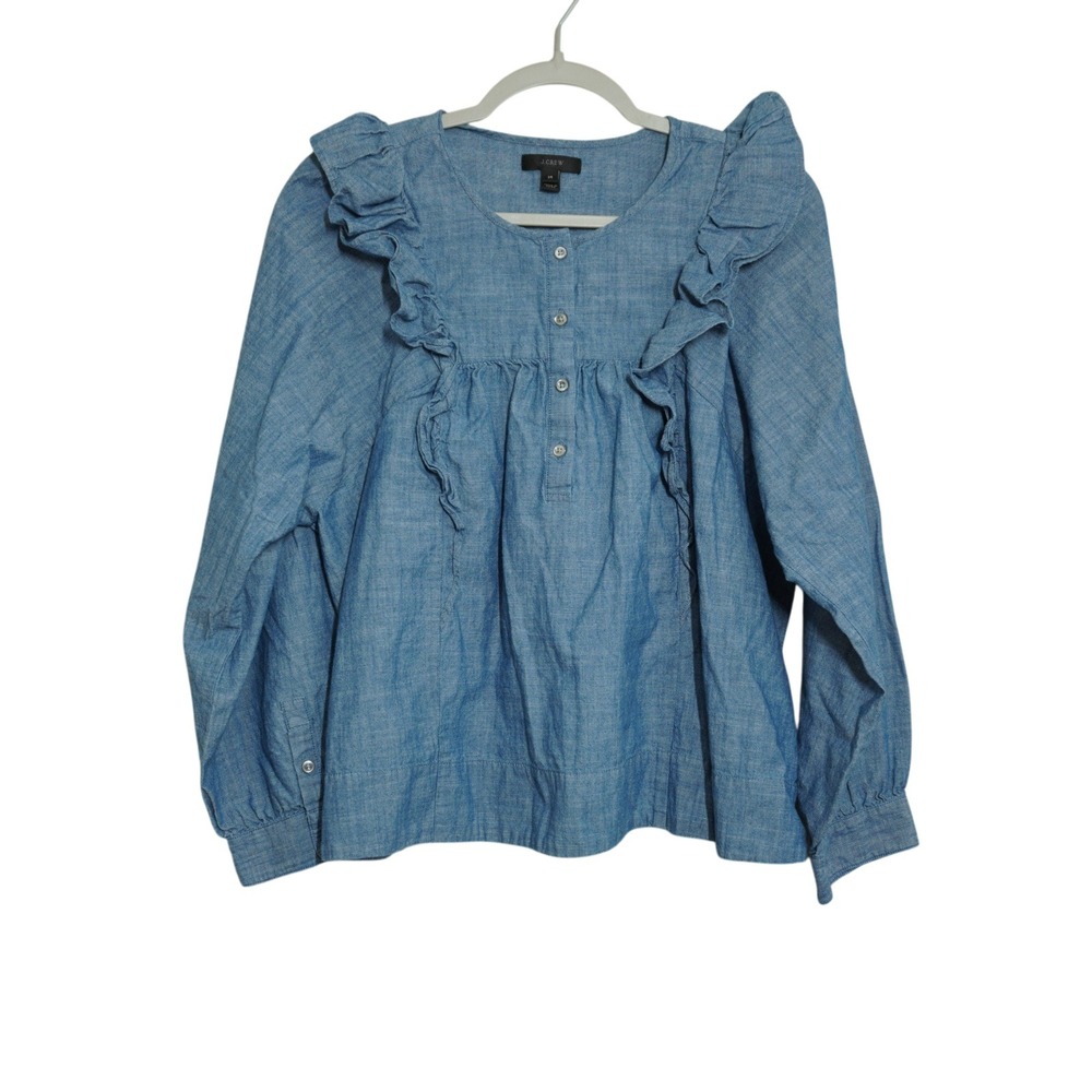 J. Crew Ruffle Blouse Shirt Trim Chambray Cotton Blue Button Front Top Size 14